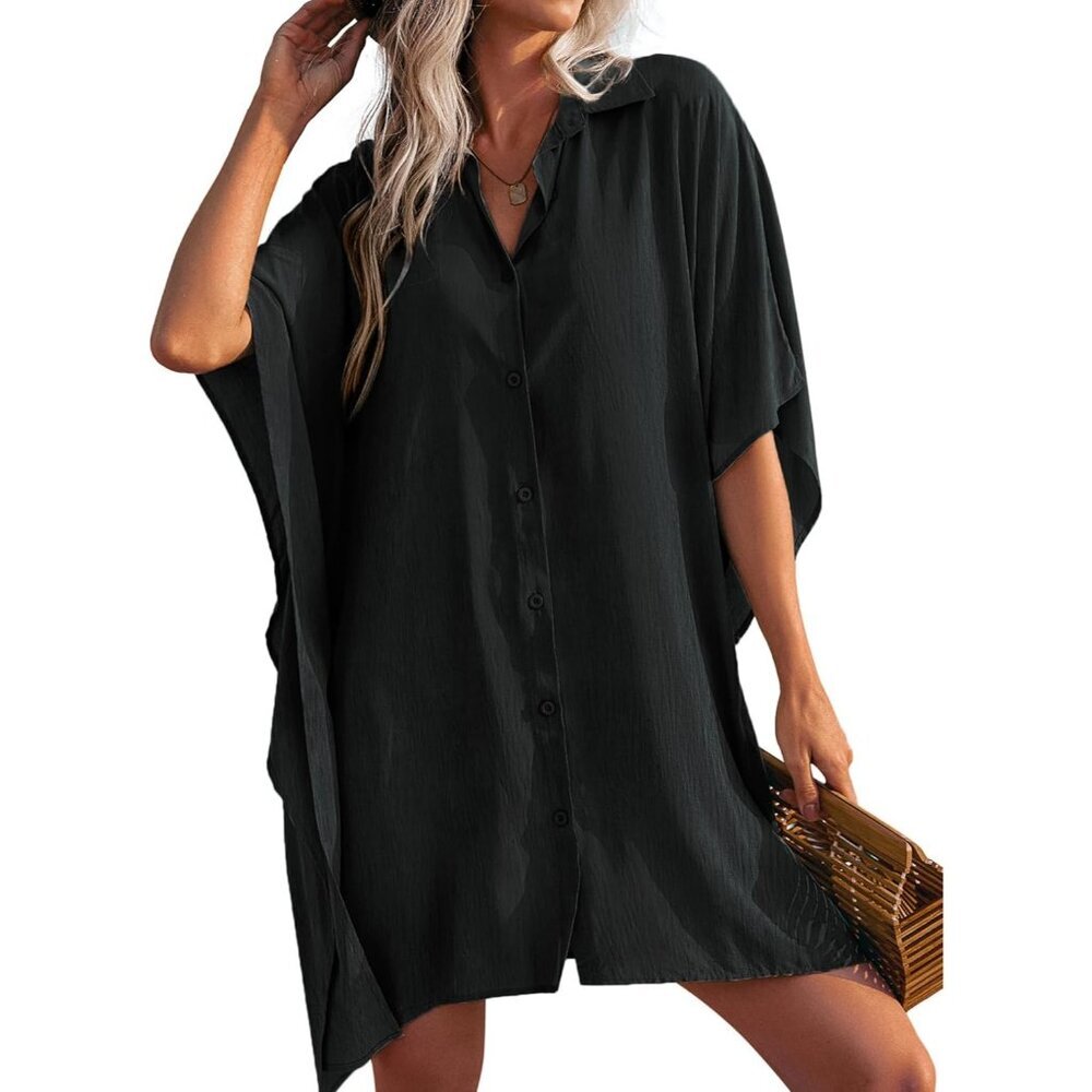 Women Black Sleeve Beachwear Bikini Button Down Oversized Cover up Shirt